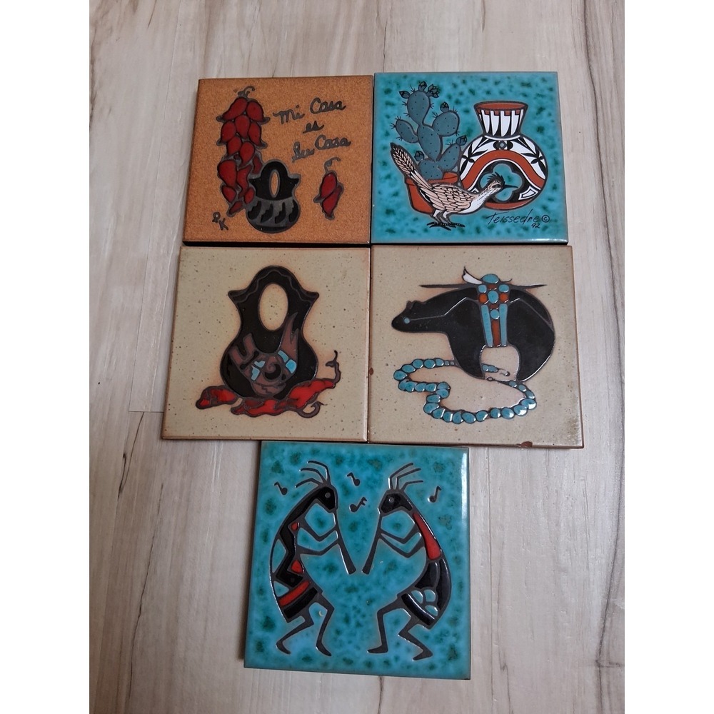 Cleo Teissedre 6" Ceramic Tiles Trivet Bear Kokopelli, Adobe 92 USA Southwestern